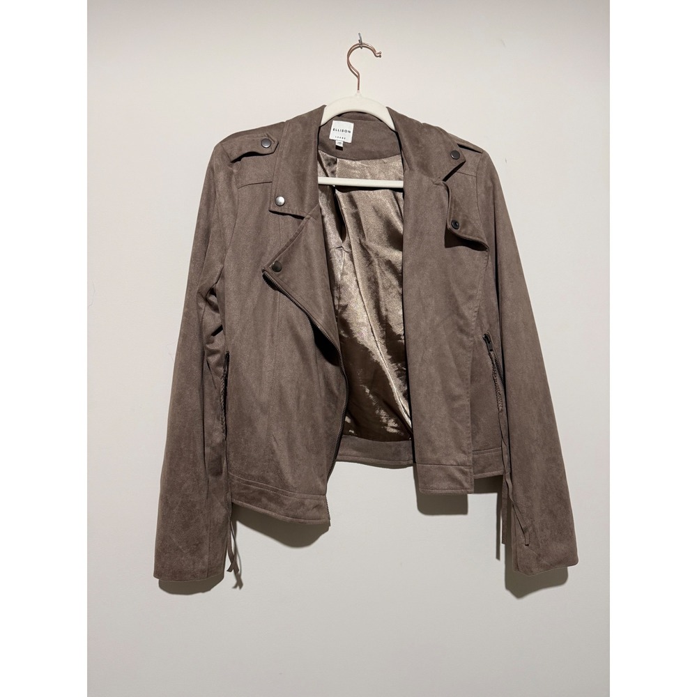 Ellison Faux Suede Moto Jacket Taupe Brown Asymmetric Zip Biker Large RJ2019-6